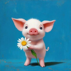 Cute piglet holding a flower