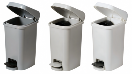  pedal bins or pedal trash cans, indoor waste disposal containers that have foot pedal mechanism for hands free operation, used in kitchens, bathrooms or offices isolated on white background , PNG 