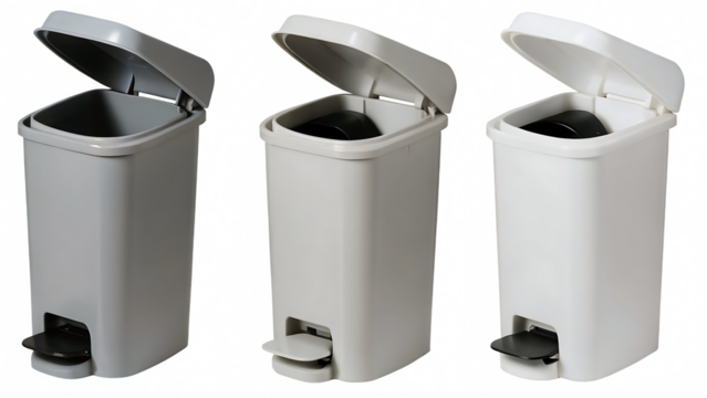  pedal bins or pedal trash cans, indoor waste disposal containers that have foot pedal mechanism for hands free operation, used in kitchens, bathrooms or offices isolated on white background , PNG 