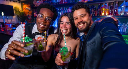 Friends taking selfie while drinking cocktails at bar