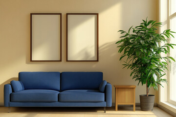 Vertical clean mockup with three blank poster frames above a sofa in a modern living room interior with plant and light background. Ai generative.
