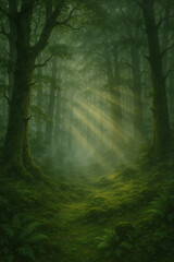 Naklejka premium Misty forest with sun rays shining through trees.