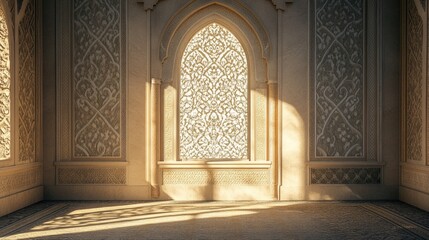 Sunlit Ornate Archway in Beige Room, Intricate Wall Design, Empty Space