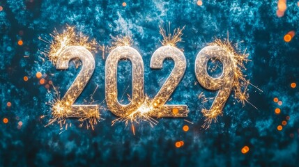 Sparkling Silver 2029 New Year Celebration on a Blue Textured Background with Fireworks