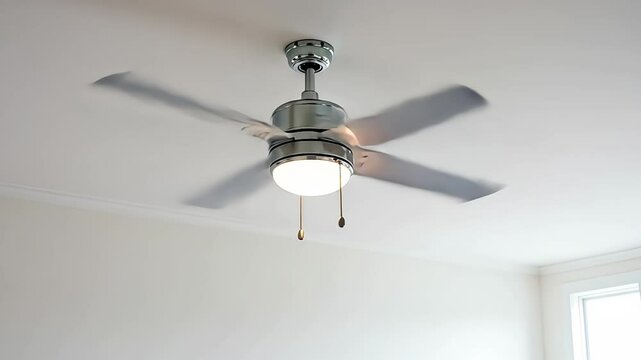 Spinning ceiling fan with light fixture in a white room