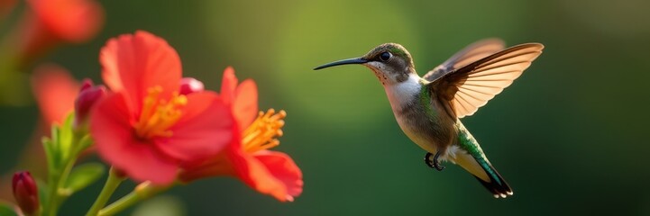 Fototapeta premium Tiny hummingbird hovers, long beak in vibrant red bloom , closeup photography, nature