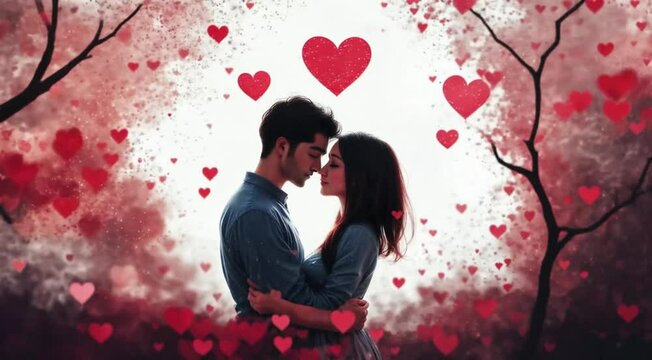 An indian man and caucasian woman embracing intimately with a blurred background of abstract red shapes, symbolizing passion and romantic connection in slow motion footage.