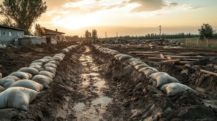 Sunset over muddy landscape with sandbags forming a channel