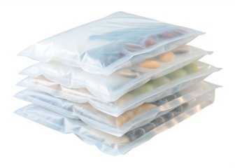 Stack of vacuum sealed bags containing various items, ideal for storage and preserving freshness  isolated on white background PNG 