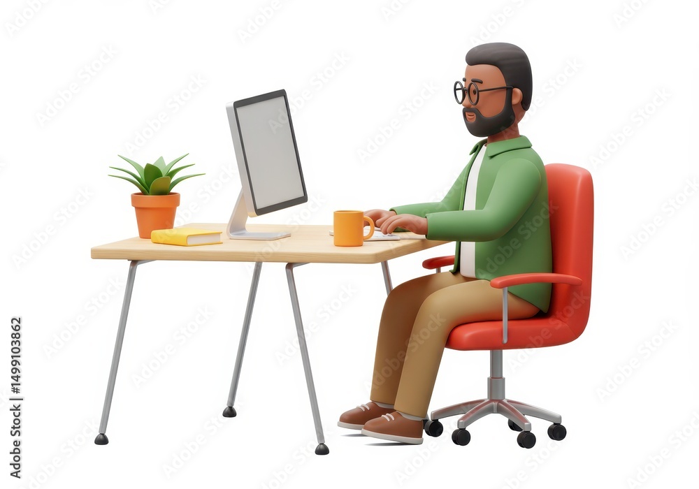 Poster 3d illustration of man working at computer on desk isolated on white background