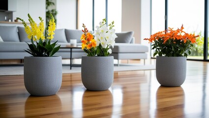 Fototapeta premium Three Potted Flowers Adding Color to a Modern Home 