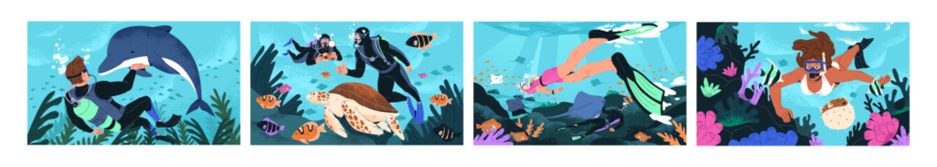 Scuba diving set. People swimming underwater with fishes. Divers with snorkel, goggles communicate with turtles, dolphin in sea. Freedivers take photo of seascapes in water. Flat vector illustrations © Paper Trident