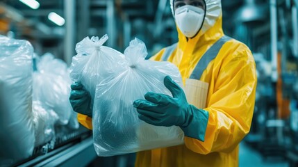 Worker in Protective Suit Handling Plastic Bags in a Factory
