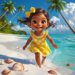 Joyful young girl playing on tropical beach with palm trees and seashells