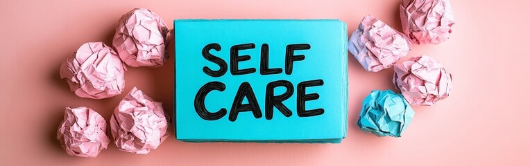 Self-care note on blue paper surrounded by crumpled paper balls