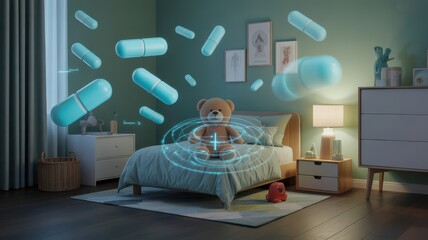 Teddy bear surrounded by floating holographic pills in a child’s bedroom.