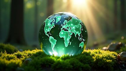 Glowing green earth globe on moss in forest sunlight