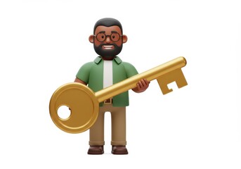 Naklejka premium 3D Illustration of Cartoon man holding a large golden key isolated on white background