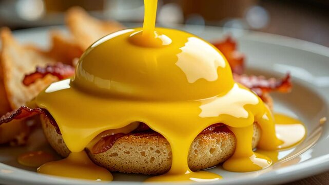 Close-up view of delicious egg benedict topped with hollandaise sauce served on bun, appetizing brunch meal captured with creamy texture and golden color.
