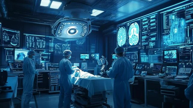 Surgeons performing a procedure in a high tech medical centre. Ai healthcare concept  