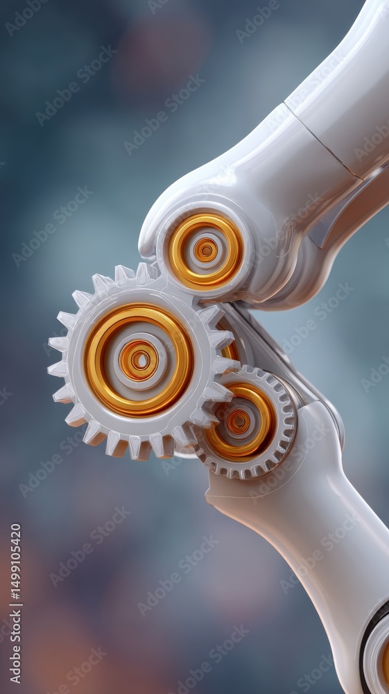 Poster close-up of a robotic arm with interlocking gears in an industrial setting
