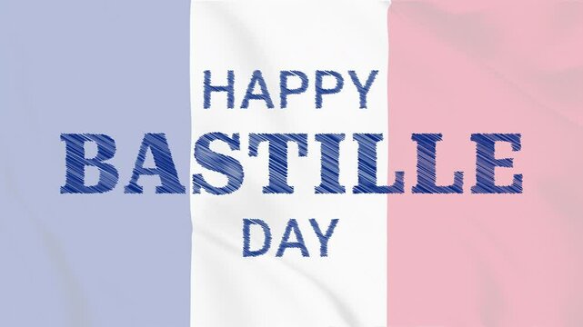 Happy Bastille Day blue text animation with scribble effect on French flag background. Compatible for Bastille Day themed motion graphic designs.