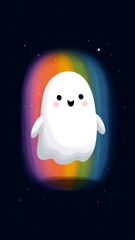 Kawaii Ghost Floating in Colorful Rainbow Aura Against Starry Background