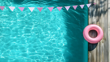 Turquoise pool with festive bunting and pink float invites summer relaxation