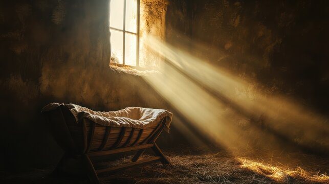 Sunlit manger, rustic room, straw, hope, nativity scene, Christmas