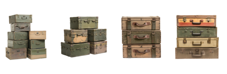 Vintage Military Suitcase Set – Stack of Old Army Storage Boxes isolated on transparent or white background	

