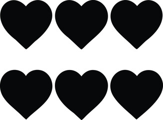Six simple black hearts arranged in a grid on a white background