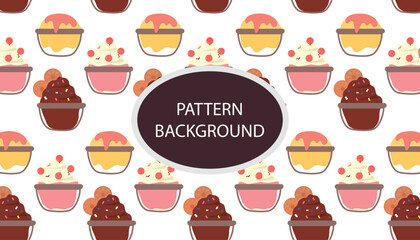 shaved ice pattern background. Shaved Ice with Topping .vector pattern with ice cream and Korean traditional ice flakes dessert called bingsu. Menu, poster, banner, flyer template for a cafe.