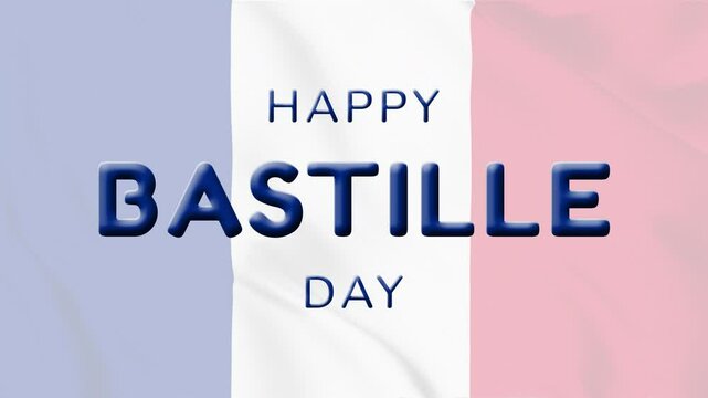 Happy Bastille Day blue text animation with pop up blur effect on French flag background. Compatible for Bastille Day themed motion graphic designs.