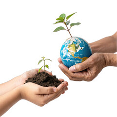 Two sets of hands are shown. One set holds a tiny plant growing out of soil and the other holds a small Earth globe with a young plant sprout on top