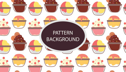 shaved ice pattern background. Shaved Ice with Topping .vector pattern with ice cream and Korean traditional ice flakes dessert called bingsu. Menu, poster, banner, flyer template for a cafe.