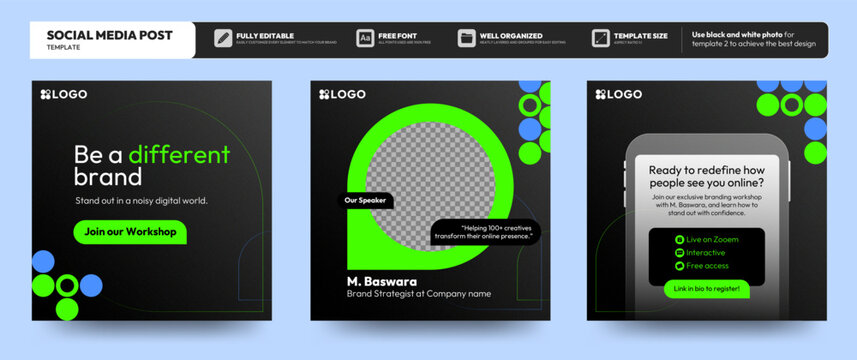 Business Webinar Social Media post template. Modern banner with abstract background and geometric design elements. Vector design with place for the photo. Suitable for social media