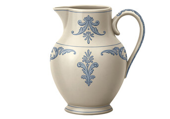 Elegant hand painted cream pitcher with blue floral ornamentation and handle Isolated on transparent background