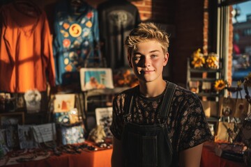 Young Entrepreneur Showcasing Stylish Handmade Merchandise at a Creative Market