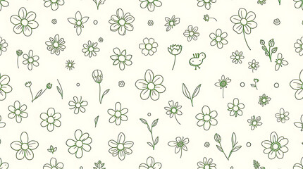 Fototapeta premium Flower Pattern with Leaf and Bird Illustration