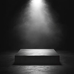 A dark, moody scene featuring a square, grey platform illuminated by a single, bright spotlight amidst swirling fog