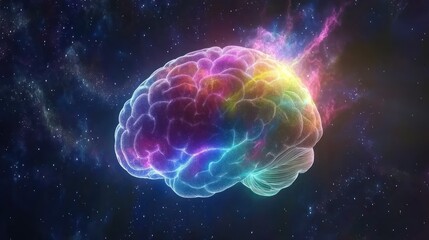Obraz premium Colorful brain, cosmic background, energy burst, innovation concept