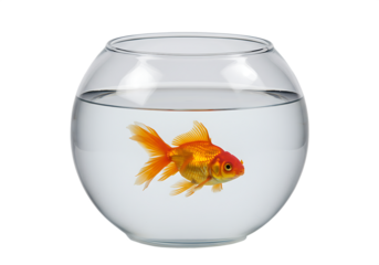 Golden goldfish swimming happily inside a clear round fish bowl Isolated on transparent background