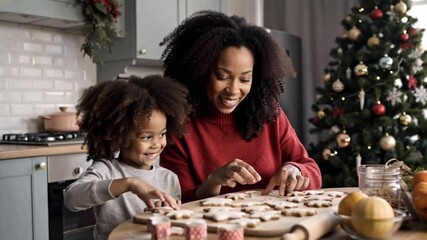 happy african american mother and little daughter cooking cookies in kitchen at table christmas - Powered by Adobe
