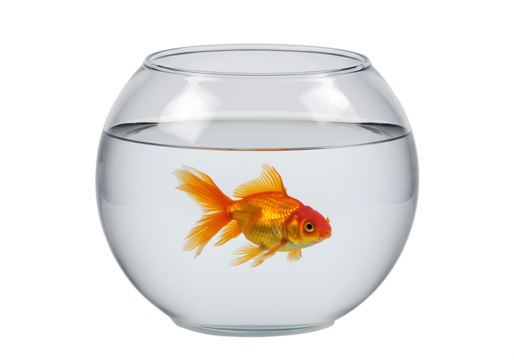 Golden goldfish swimming happily inside a clear round fish bowl Isolated on transparent background