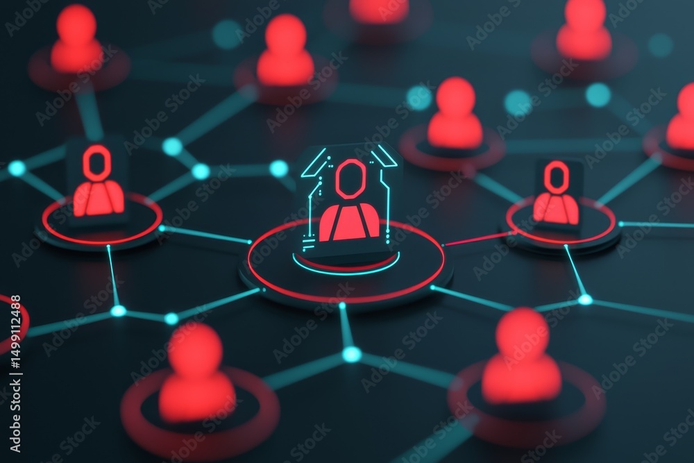Poster digital network with connected user icons in red and blue tones.