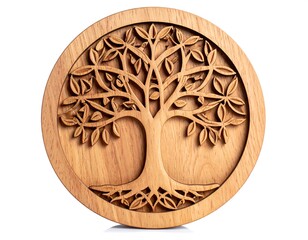 Wooden tree carving on circular base isolated on white. Detailed artwork depicts leaves trunk and roots of a tree with brown tones