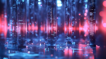 Fototapeta premium A futuristic digital landscape with glowing structures and vibrant colors.