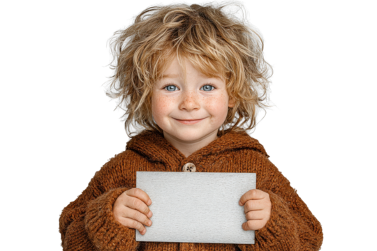 Boy holding a blank sign, isolated on transparent background 
