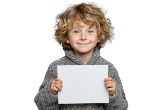 Boy holding a blank sign, isolated on transparent background