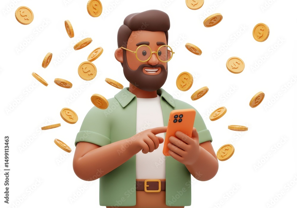 Poster 3d illustration of man using smartphone with floating coins isolated on white background